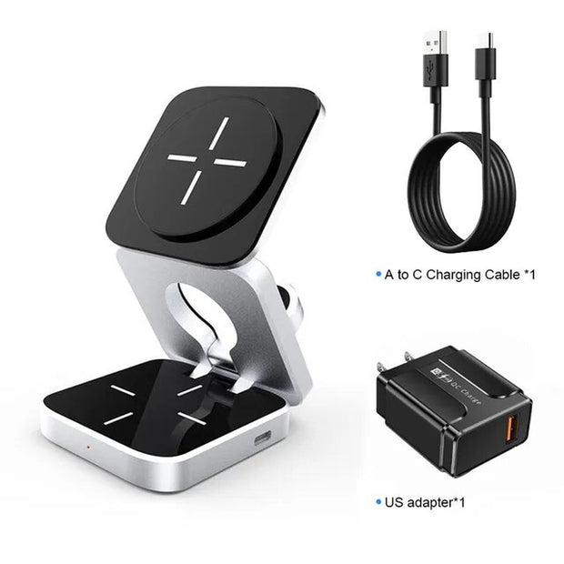 3 in 1 Foldable Magnetic Wireless Charger Stand for IPhone 13, 14, 15  Pro/Max/Plus, including Airpods and Apple Watches 